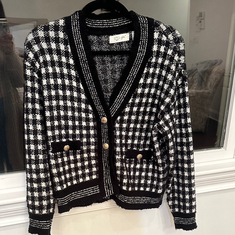 RD Style Houndstooth Black and White Plaid Cardigan